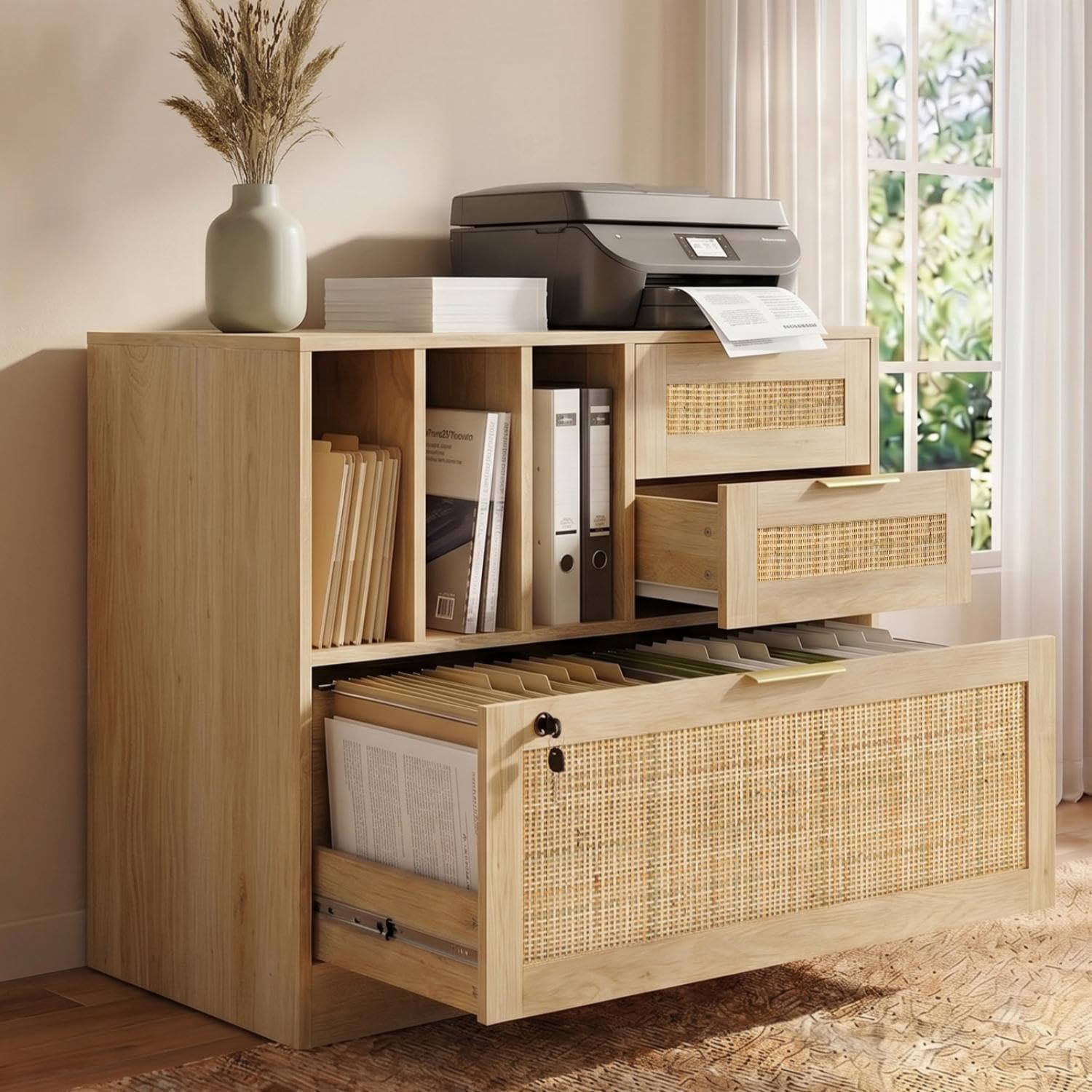 Home Security Units - Three Drawer Lateral Wood Rattan Filing